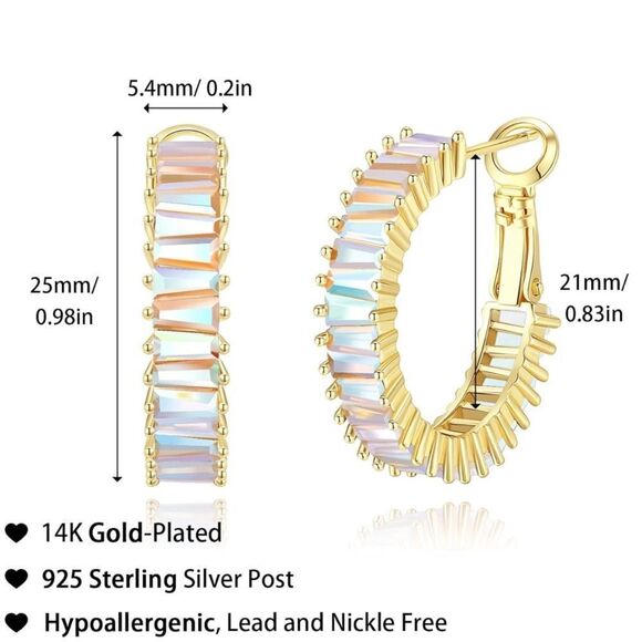 14K Yellow Gold with Iridescent AB Cubic Zirconia Drop Hoop Leverback Earrings - Picture 3 of 7